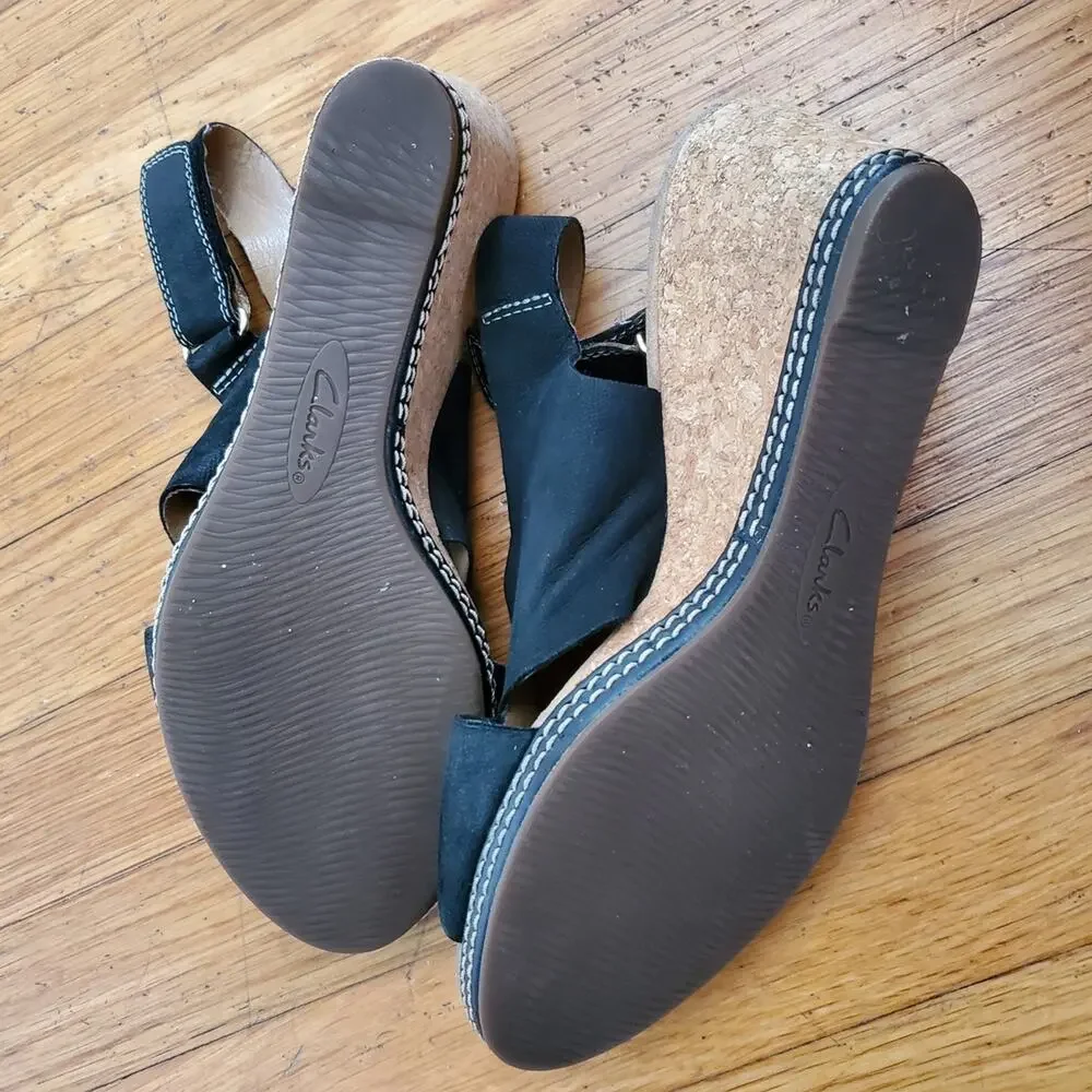 Clarks Black Wedge Peep Toe Sandals 9.5